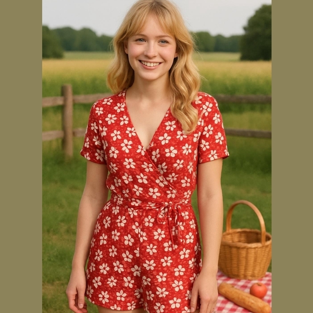 Madewell Red White Daisy Print Wrap Romper Boho Summer Pockets Size 2 Outfit